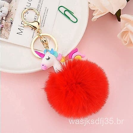Chaveiro de Unicórnio Fofo com Bola de Pelo de Coelho para Decoração de Bolsa de Meninas