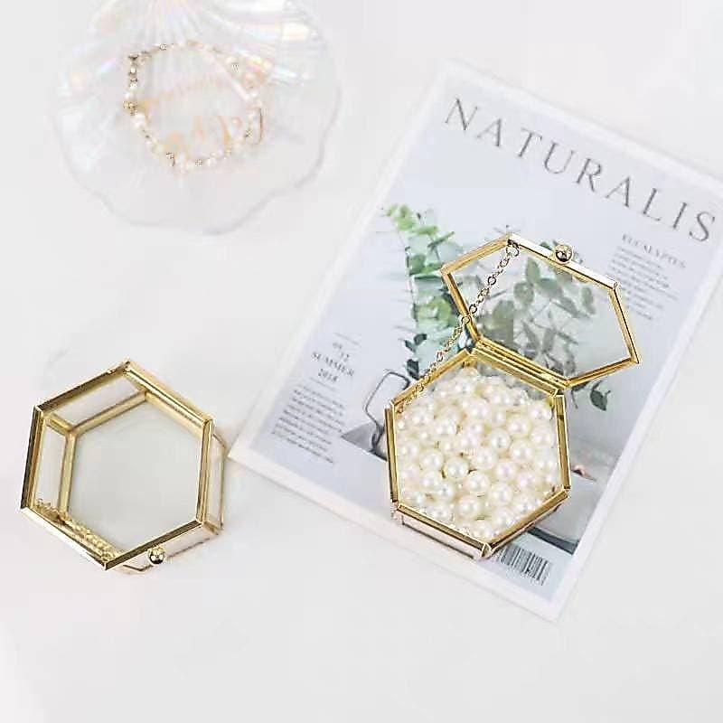 Pequeno Luxo Hexagonal Vidro Jóias Anel Caixa Ouro Retro Armazenamento Caso Display Organizador [COD]