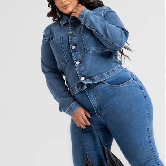 Jaqueta Jeans Plus Size Preta azul Feminina com Elastano Manga Longa Confortável Moderna Brilho marmorizado