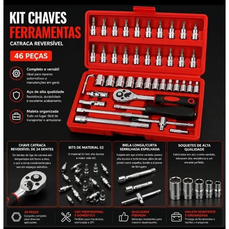 Conjunto de Ferramentas de Chave Catraca 46 Peças / Kit Chaves Ferramentas Catraca Reversível Soquetes