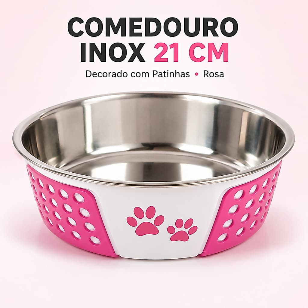 Comedouro Pet Inox 21cm Rosa Antiderrapante para Cães e Gatos Decorado com Patinhas