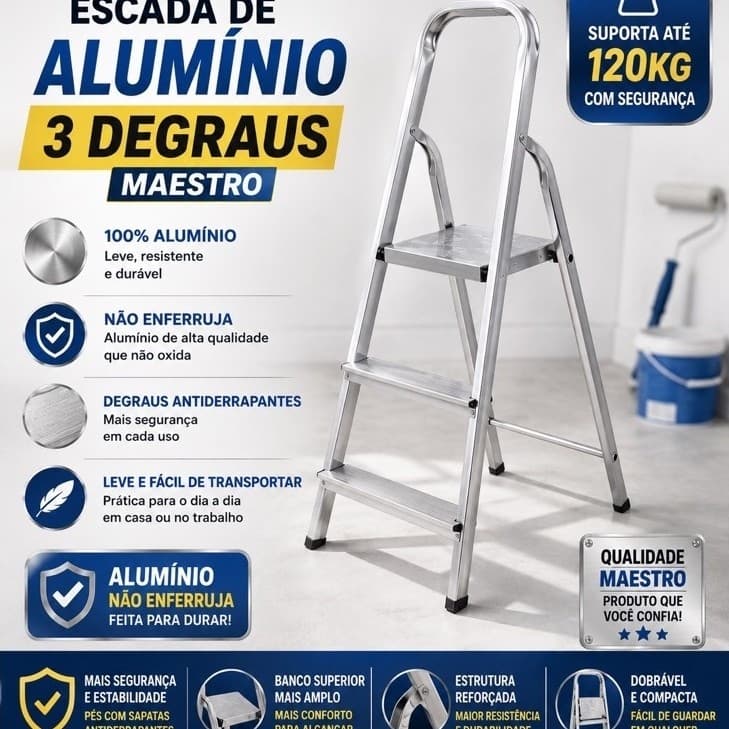 Escada de Alumínio Maestro 3 Degraus Dobrável TODA EM ALUMINIO super reforçada residencial