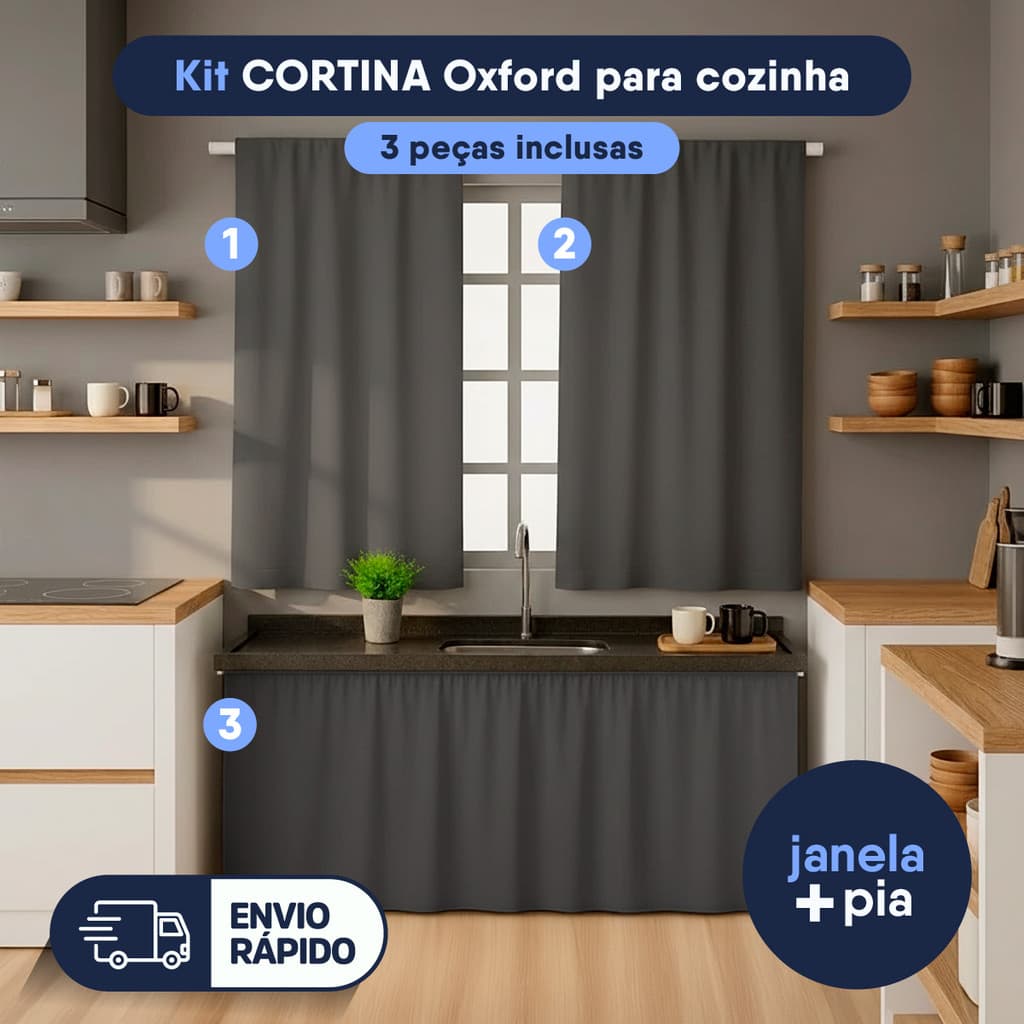 Cortina Cozinha Oxford Janela e Pia Simples Decoração