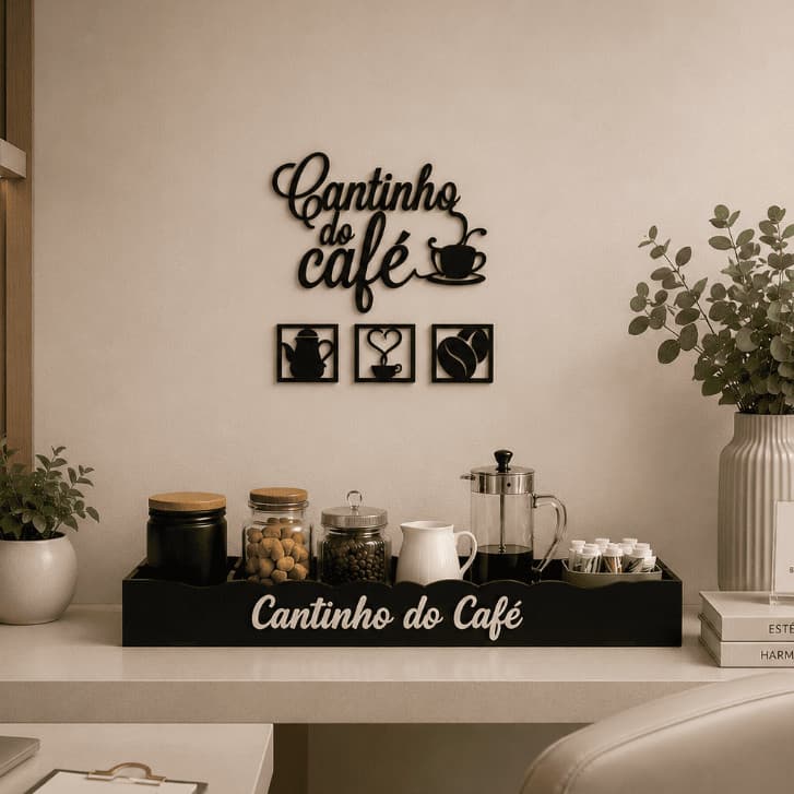Kit Cantinho do Café 4 Apliques e Bandeja em MDF Preto Vermelho Marrom