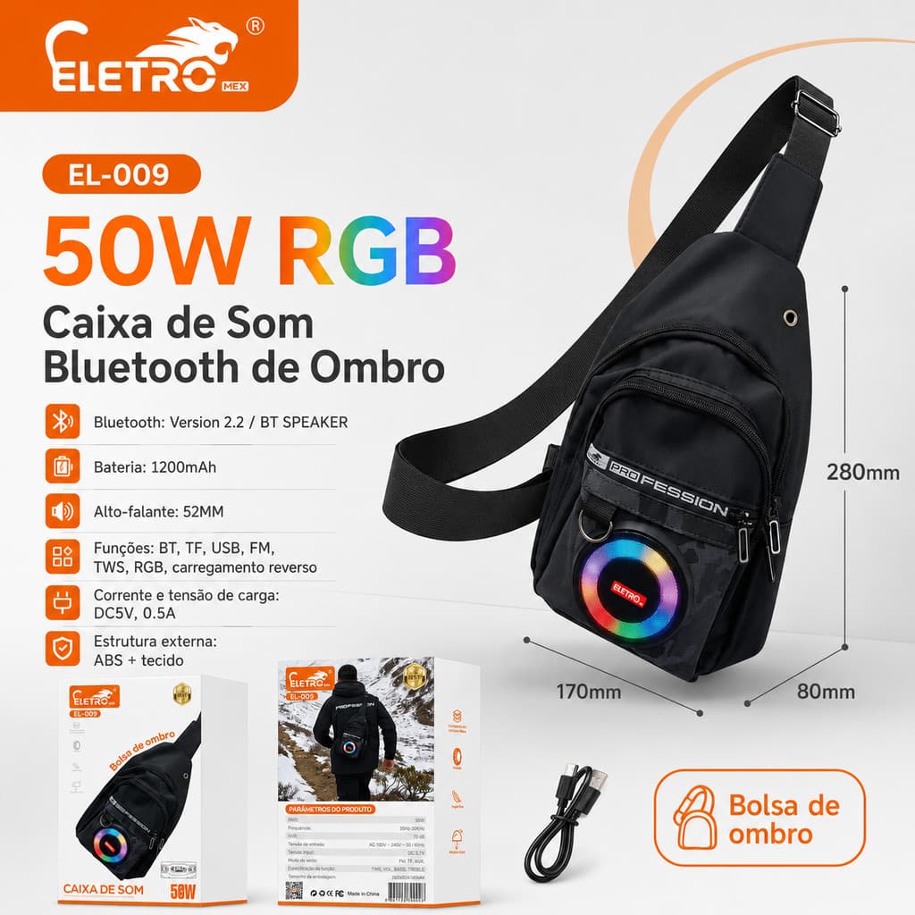 Eletromex Mochila Caixa de Som Bluetooth RGB Portátil Bateria de Longa Duração para Festa Churrasco Camping