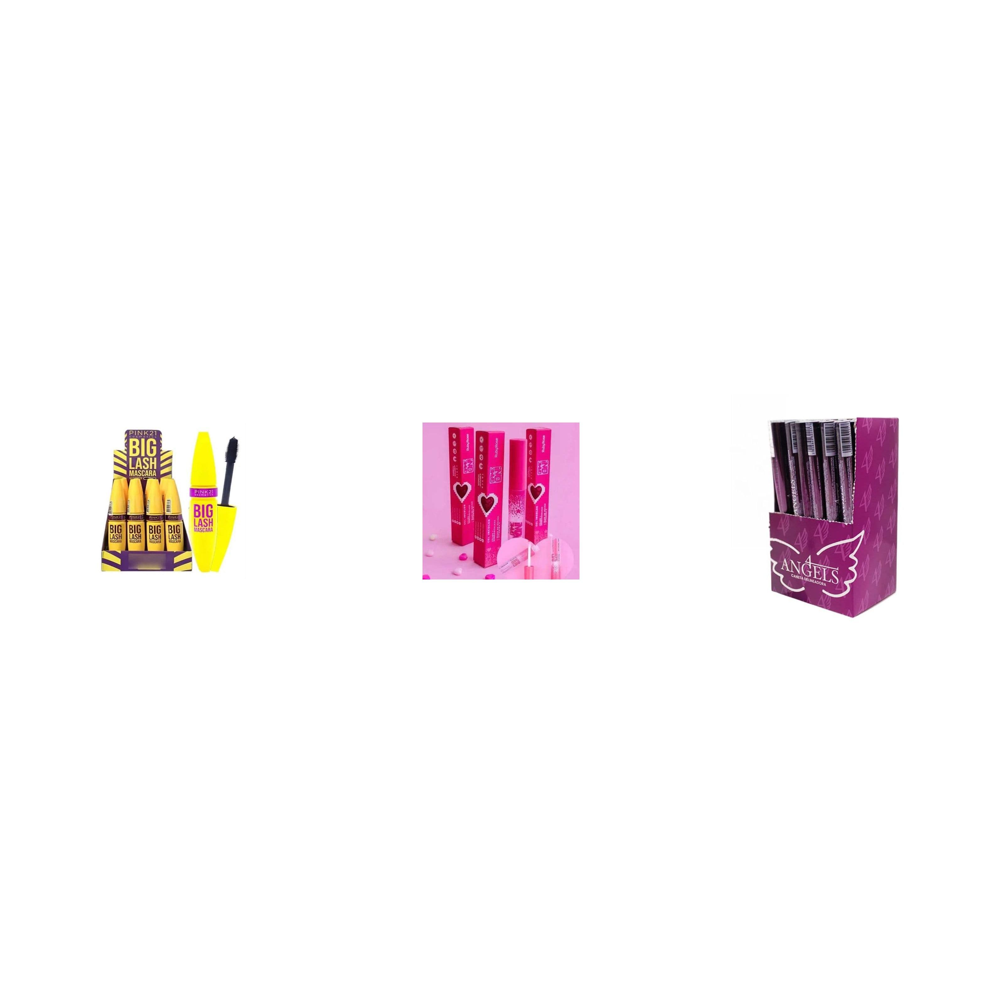 KIT Máscara BIG LASH Pink 21; Gel Incolor Ruby Rose; Caneta Delineadora 4 Angels
