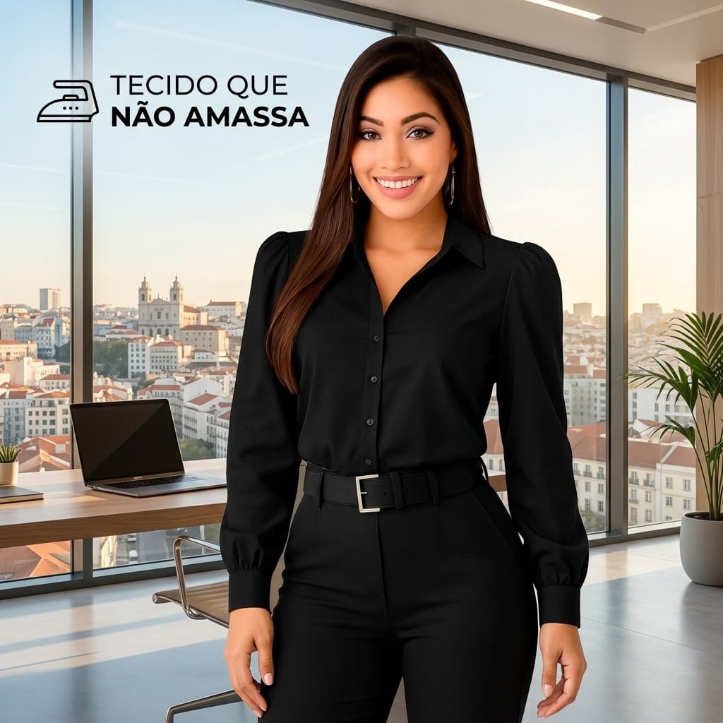 Camisa Feminina Social Manga Longa Bufante Elegante Blusa para Trabalho e Escritório