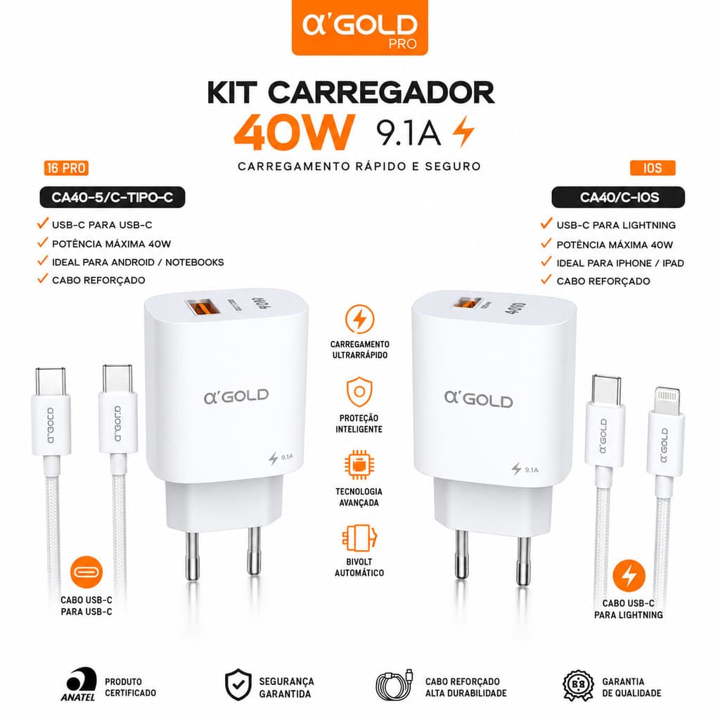 Kit Carregador Turbo 40W 9.1A USB-C + USB-A | Cabo USB-C para USB-C ou Lightning | Android e iPhone