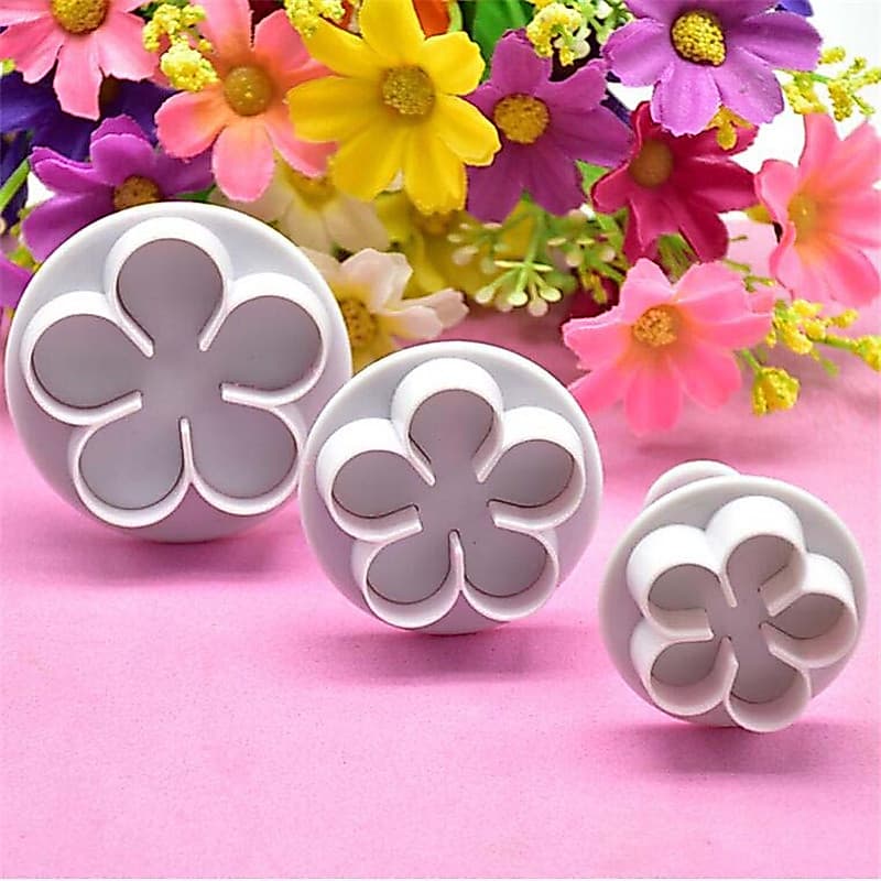 Conjunto de 3 peças de cortadores de flores e moldes para biscoitos, moldes de plástico para fondant de flores, ferramen