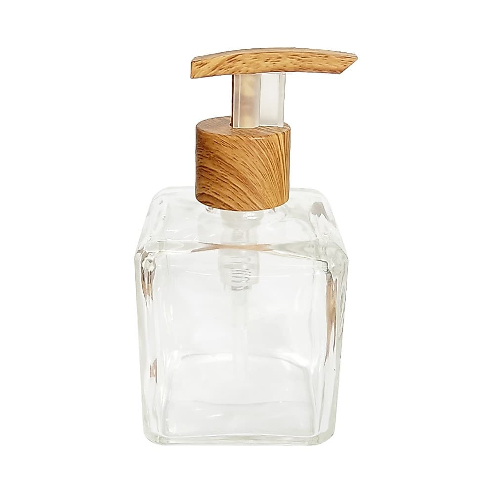 Saboneteira Vidro Cube 250ml C/ Valvula Madeira