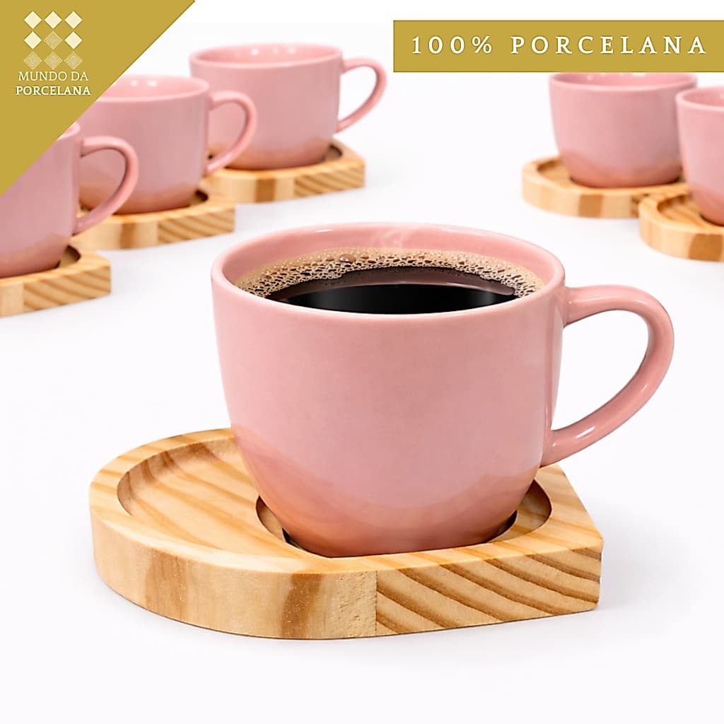 Kit 6 Xícara Café Porcelana Rosa Com Pires Coração Jogo De Xicaras 95ml