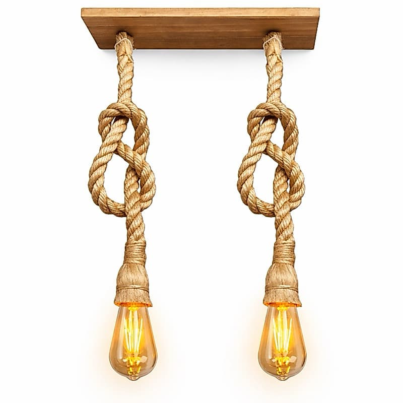 Luminária Pendente de Teto 2 Bocais E27 Bivolt Corda Sisal Madeira Rústica Retrô