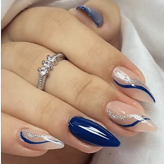 unha postiça realista amendoada azul postiça gel almond