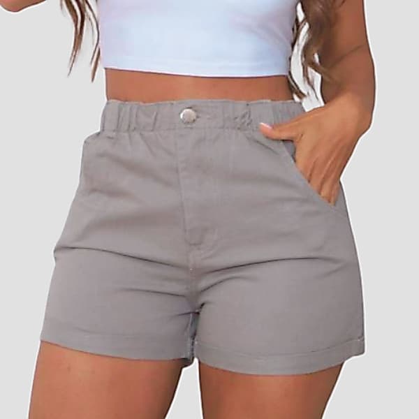 Short Jeans Cinza Marrom Feminino Elástico Cós Cintura Alta Ajustada Cintura Cores Versáteis Neutra