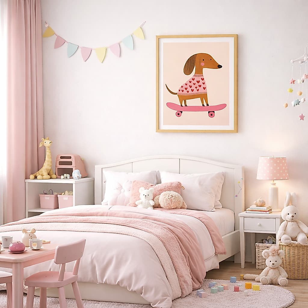 Quadro Decorativo Cachorro Skate Salsicha Infantil Criança