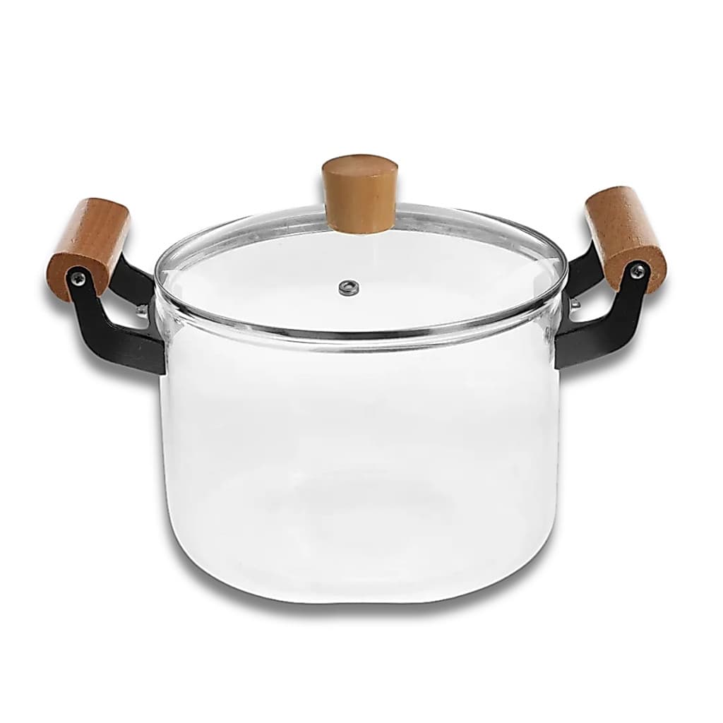 Panela de Vidro Borossilicato 4L Alça Madeira Tampa Sopa Saudável Resistente Fogão Gás Cozinha