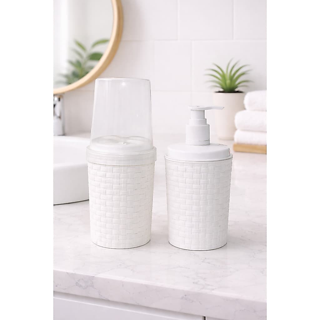 Kit De Banheiro Lavabo Porta Sabonete Líquido Rattan  Escova De Dente  Branco