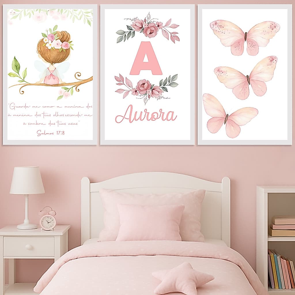 Quadros Decorativos Borboletas Rosa Flores Fada Fadinha Floral Rose Salmos 17:8 Oração Personalizado