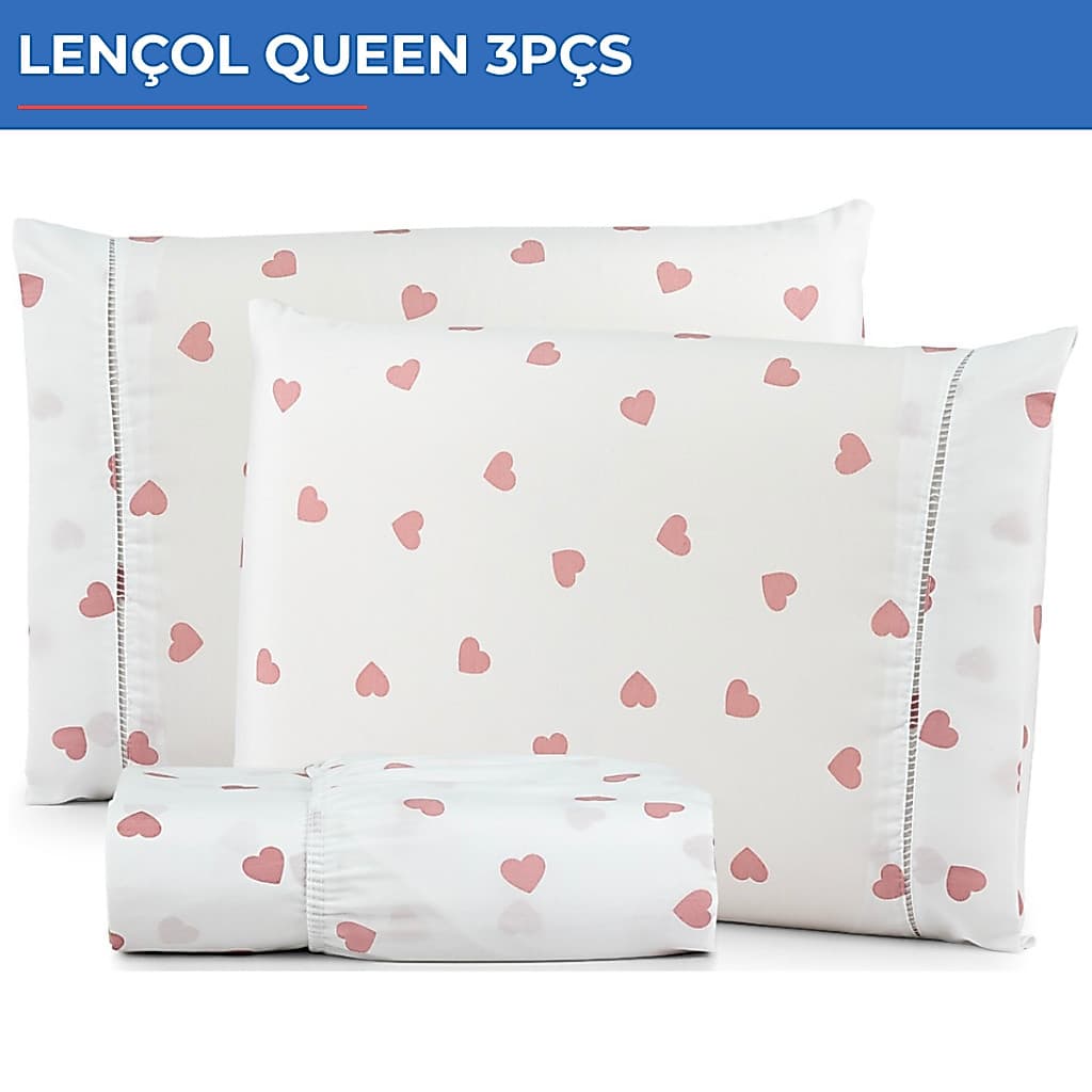 Jogo De Lençol Queen 3pçs Estampado 300 Fios C/ Elástico Coração Rosa