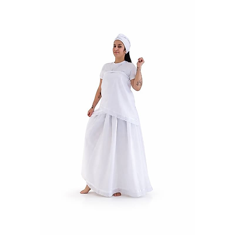Umbanda Candomblé Conjunto 3 Peças Saia Pano da Costa Pano de Cabeça Oxford Branco (Envio Rápido)