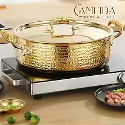 Caçarola  Italiana Luxo Gold Aço Inoxidável  Dourado Rainha Realeza 32cm- 30cm - 26cm e 24cm com Tampa Dourada Espelhada