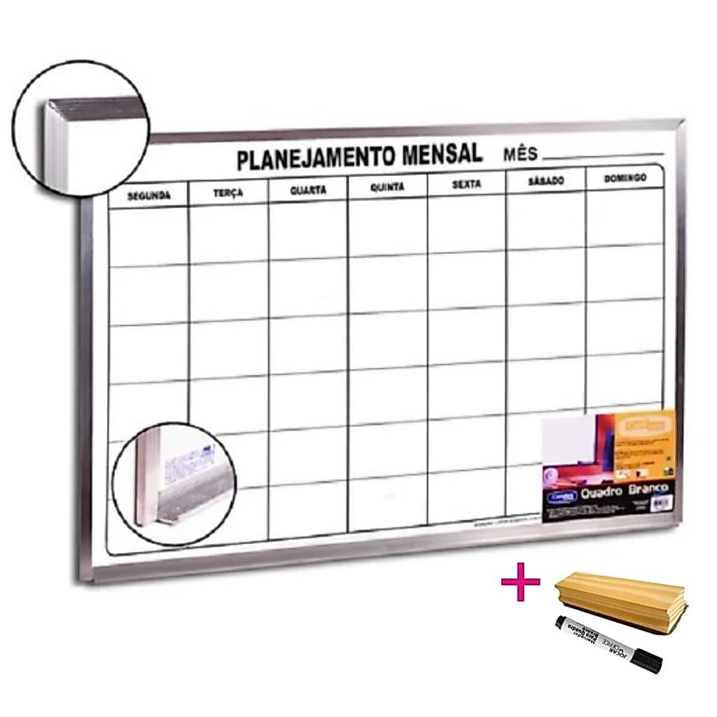Lousa Quadro Branco Planejamento Mensal 90x60cm  Moldura Alumínio + 01 Marcador e Apagador