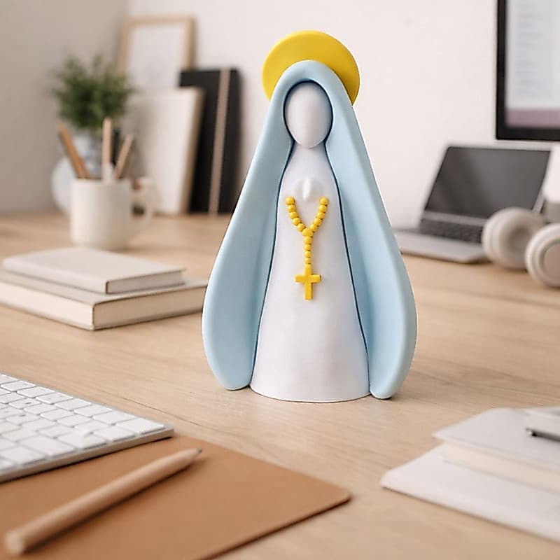 Nossa Senhora com Manto Azul e Halo Amarelo Escultura Decorativa