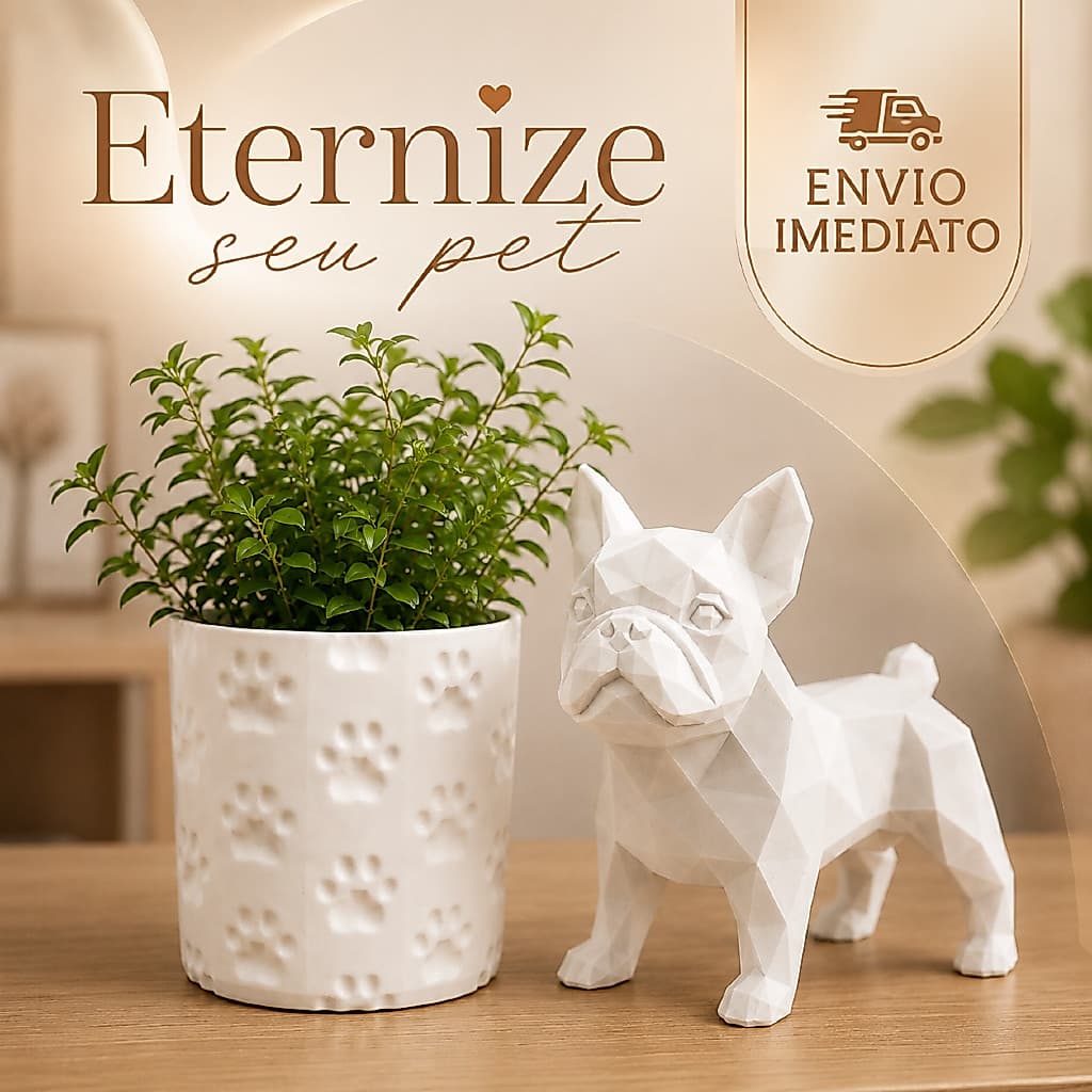 Conjunto decorativo pet branco com vaso de patinhas e escultura Bulldog Francês geométrico