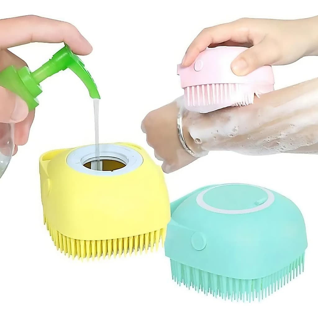Escova Lava Pelo Esponja Banho Silicone Dispenser Shampoo Massagem Cães Cachorros Gatos Cores Sortidas