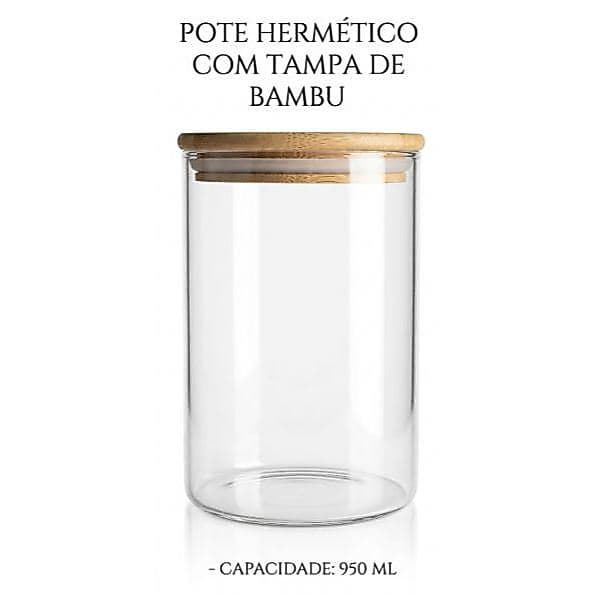 Pote de vidro hermético com tamba de bambu de 950ml