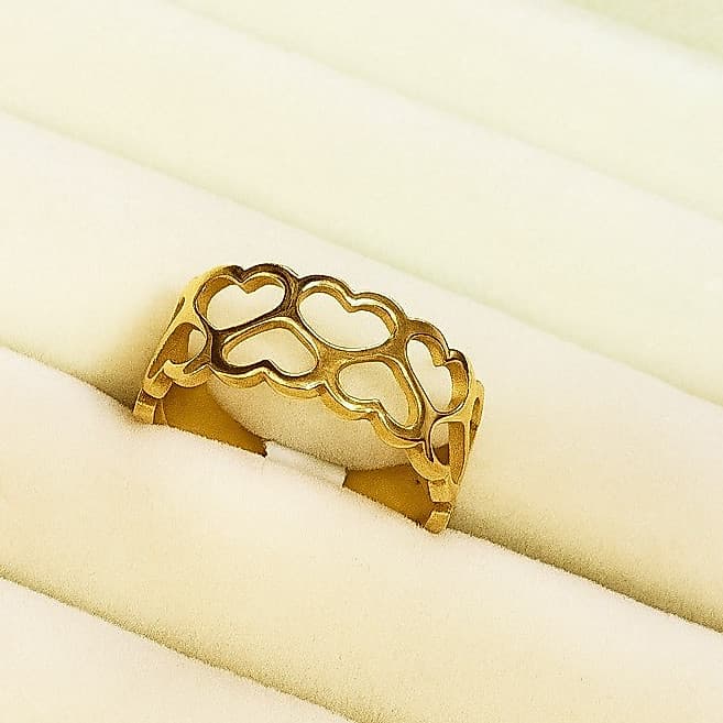Anel Coração Duplo Vazados dourado Aço Inoxidável Feminino Romântico Presente Dias Dos Namorados