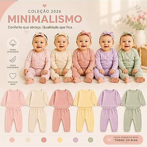 Kit 4 Peças Bebê Menina Infantil Minimalista Mijão + Camisetinha Manga Longa RN Bory