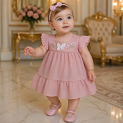 Vestido Bebê Rosa Bordado Floral com Borboleta e Pérolas Manga com Renda Delicada 100% Algodão Brokinha