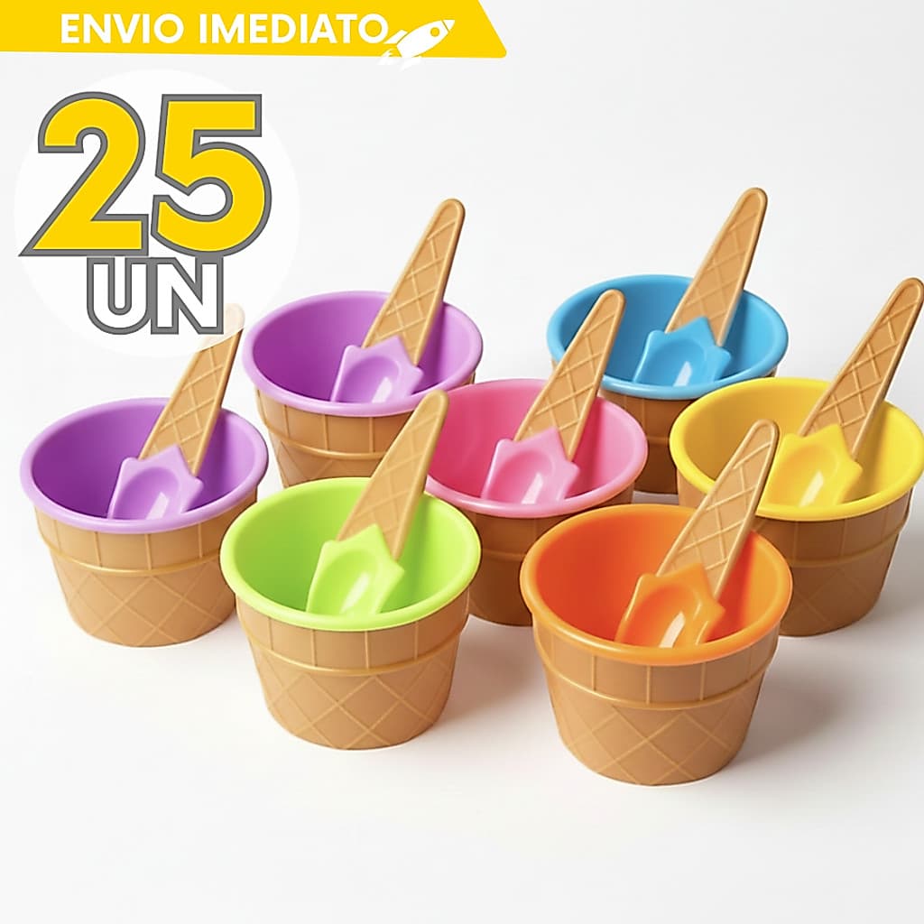 Kits 15 a 25 un - Pote de Sorvete Formato Casquinha + Colher Infantil