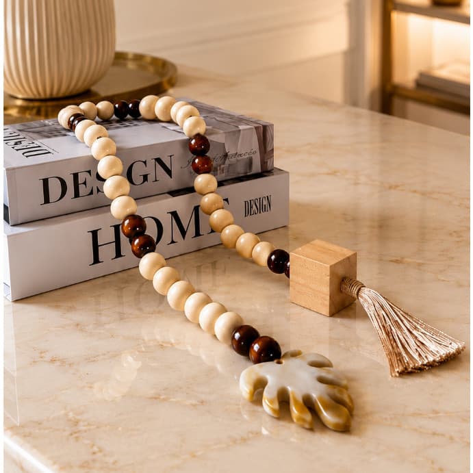 Colar de Mesa Decorativo em Madeira Creme com Costela de Adão 80cm