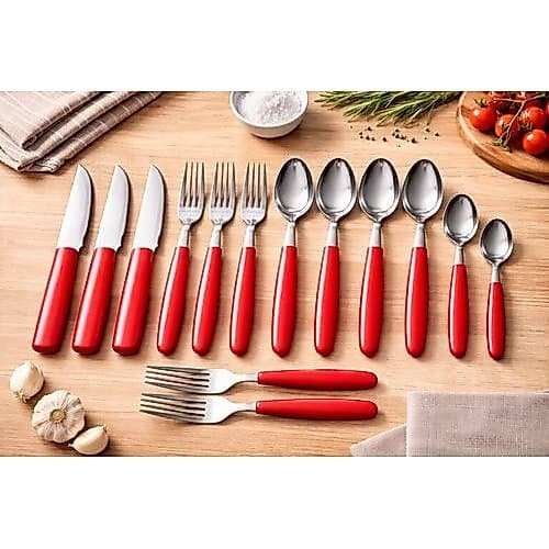Kit Talheres 21 Peças Vermelho Talher Jantar Cozinha Refeição Sala Casa