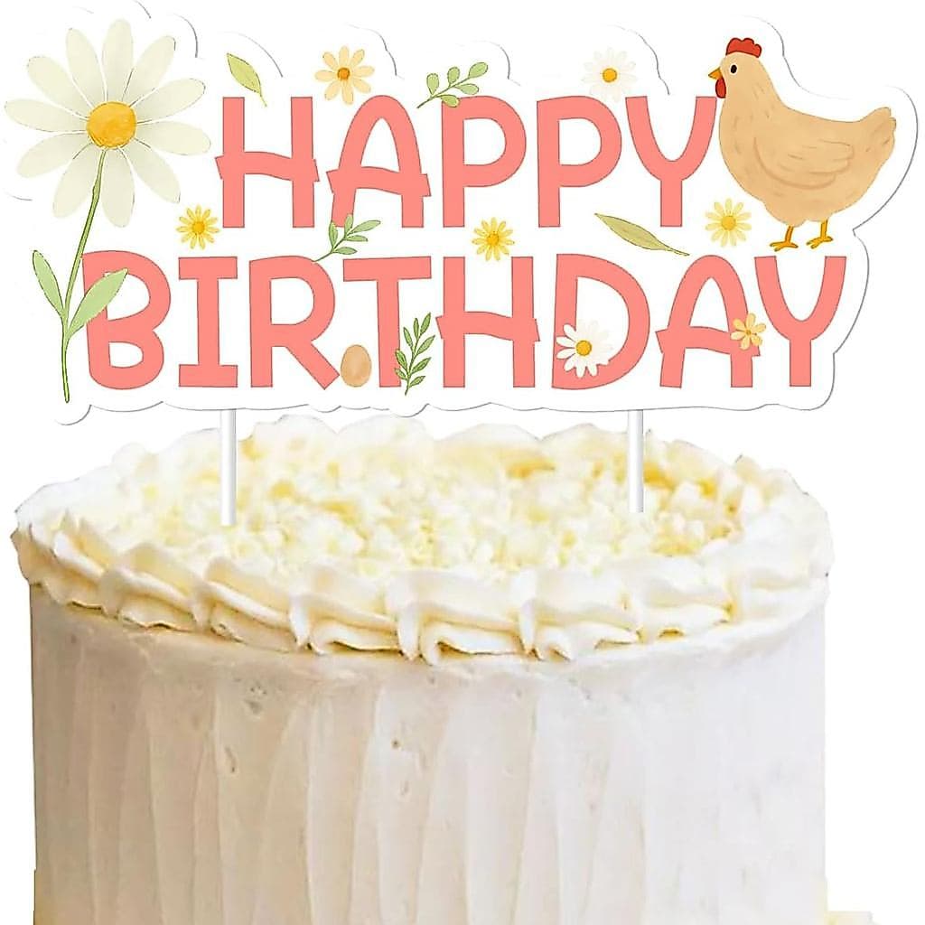 Topo de Bolo de Galinha, Decorações de Festa de Aniversário de Galinha, Topo de Bolo Floral de Galinha com Mensagem 'Fel