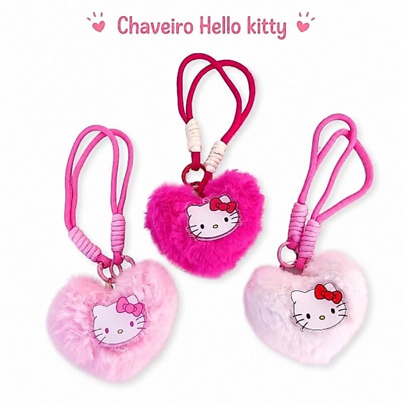 Chaveiro Hello Kitty Coração Pelúcia Fofo com Alça de Mão Bolsa Mochila Chaves Presente
