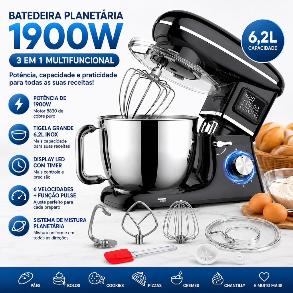 Batedeira Planetária Belifou 1900W 6,2L 3 em 1 Inox com Display LED Timer 6 Velocidades e Função Pulse