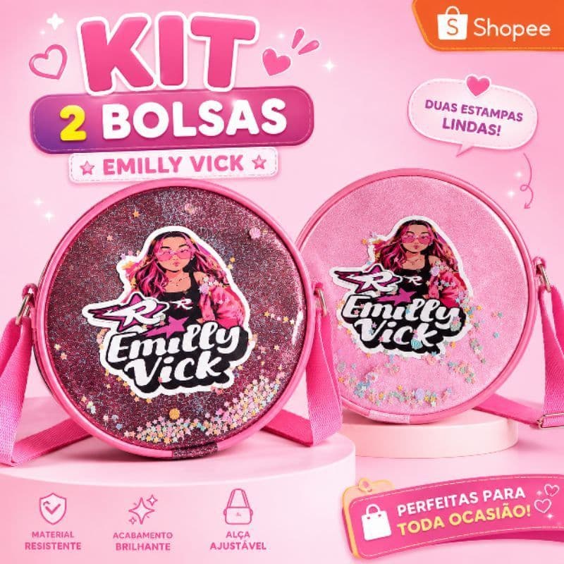 Kit 2 Bolsas Infantis Emilly Vick Glitter Redonda Transversal Alça Ajustável