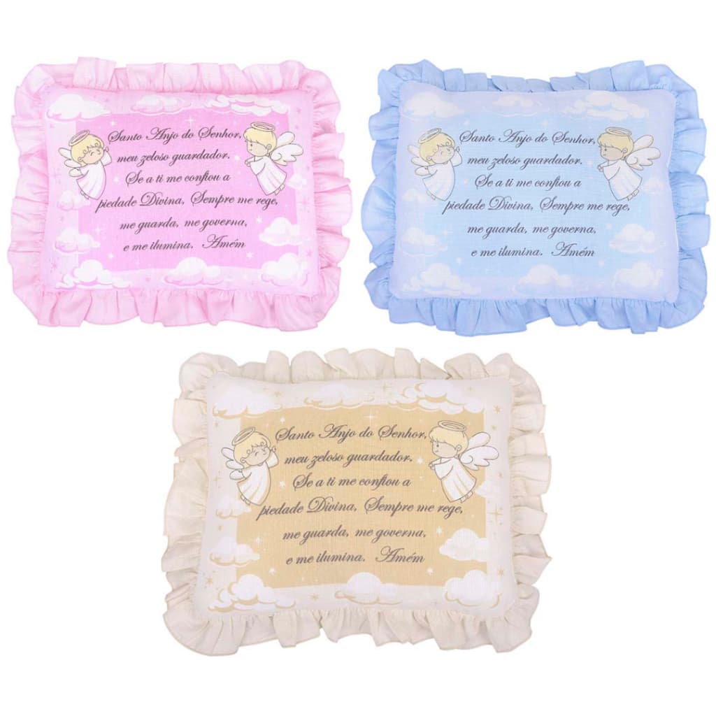 Travesseiro Bebê Oração Pai nosso Santo Anjo 28x35cm Luxo Com Babado