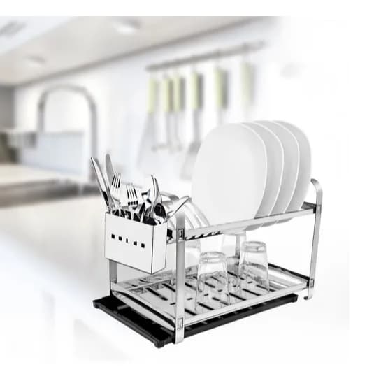 Escorredor Secador Inox 16 Pratos Louca Louça Porta Talheres Inox Mais Bandeja Coletora Preta