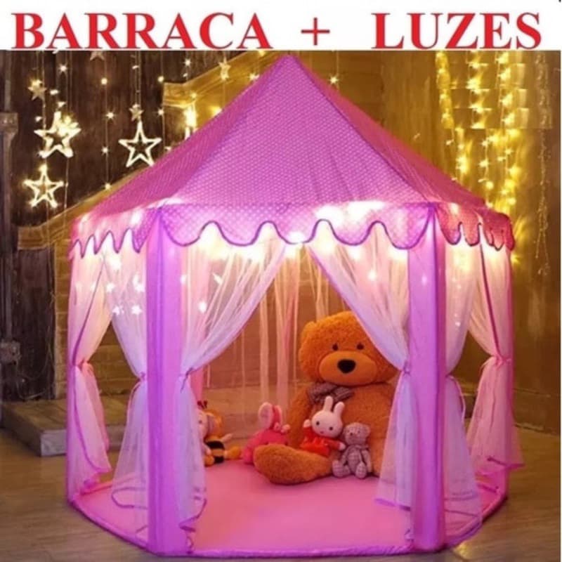 BARRACA INFANTIL CABANA TOCA TENDA ROSA + CORDAO DE LUZ A PILHA  3 METROS