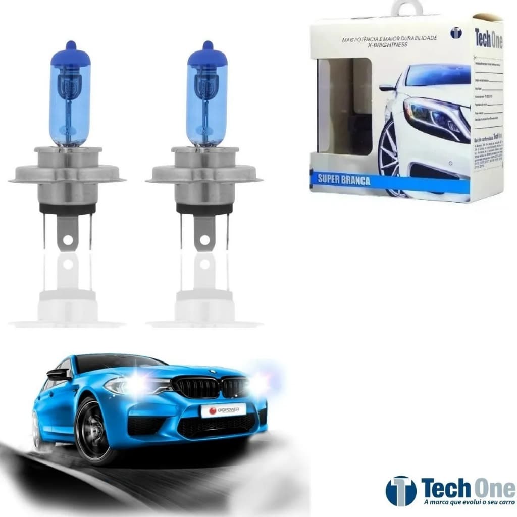 Par Lâmpada Super Branca H4 8500k Tipo Xenon 12v 55w Tech One