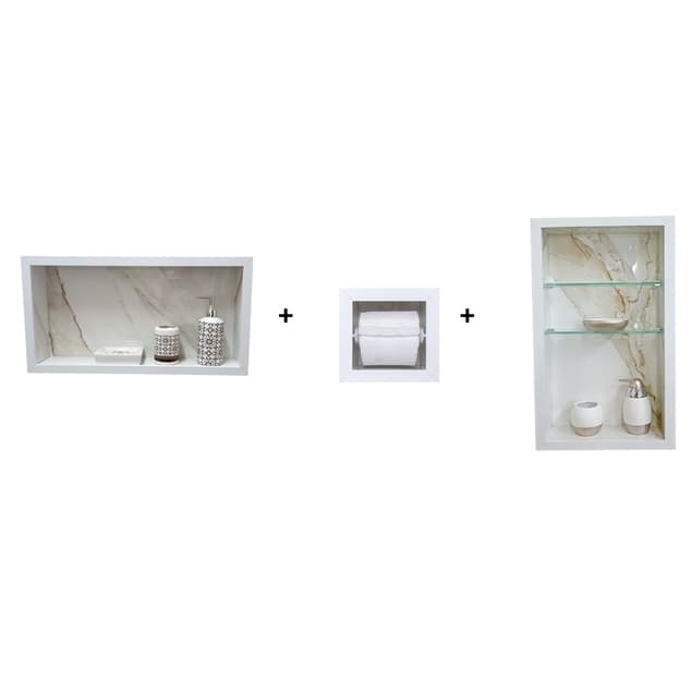 Kit Nicho para banheiro + nicho prateleleira + porta papel em porcelanato, bordas de alumínio