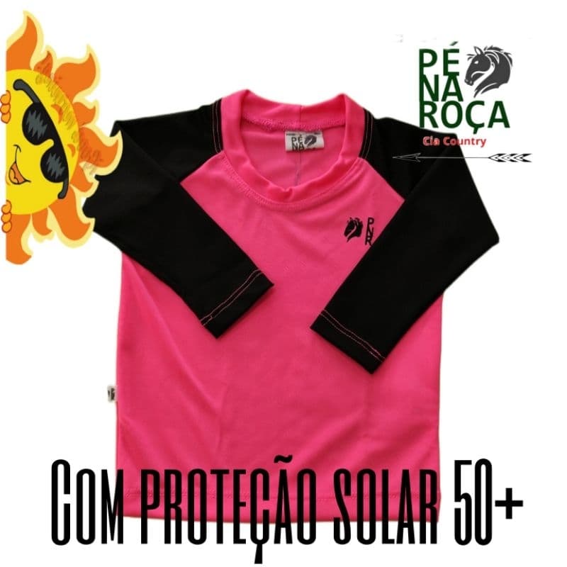 Blusa Infantil com proteção solar fator50+ cor  Rosa com Preto - Piscina mar bike clube Pé na Roça