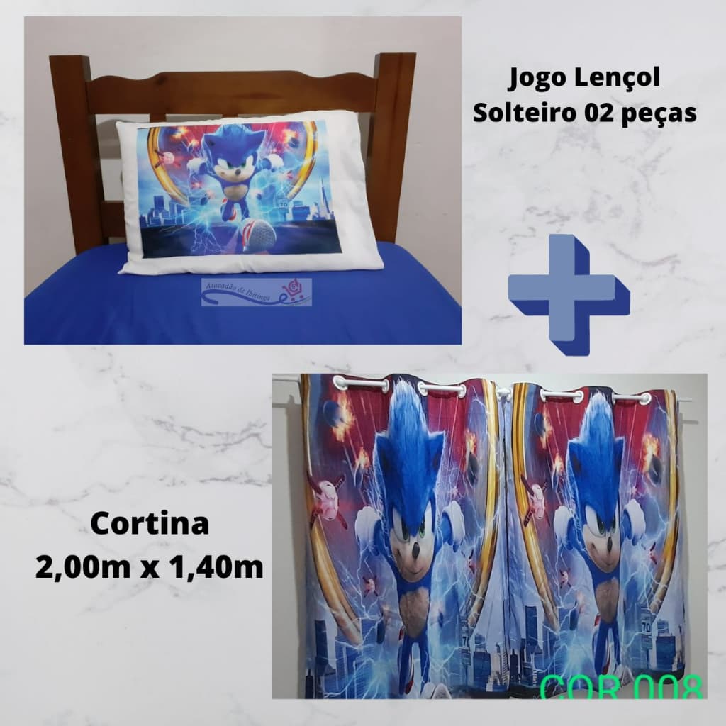 Lençol do sonic com cortina quarto de menino completo em tecido microfibra
