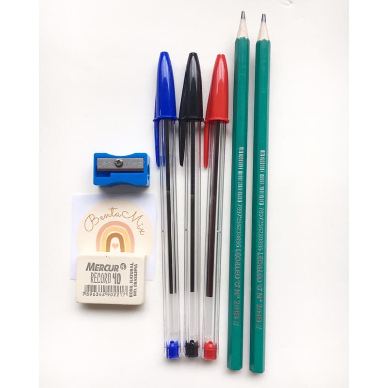 KIT ESCOLAR Básico BIC ou Compactor - 3 canetas  2 lápis preto escrever  1 Borracha 1 Apontador sem depósito Cor sortida