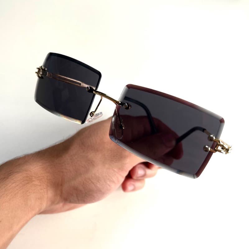 Óculos de Sol Y2K Retangular Retrô Sem Aro Transparente Preto Dourado Masculino e Feminino