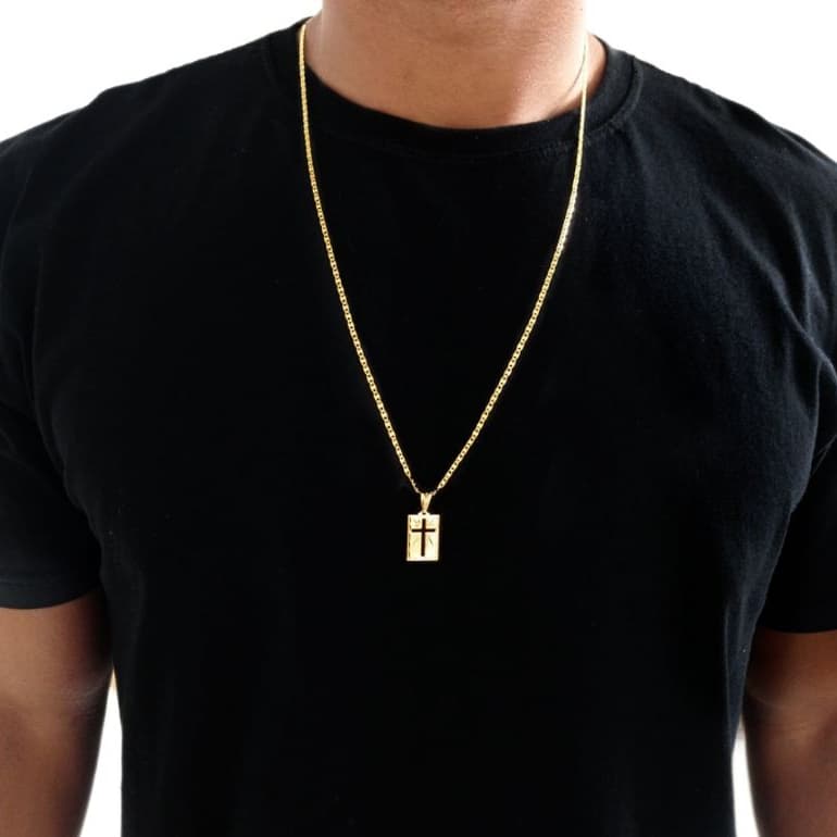 Corrente Correntinha Masculino Grumet Banhado A Ouro 18k Cordão fino e Pingente Cruz Placa